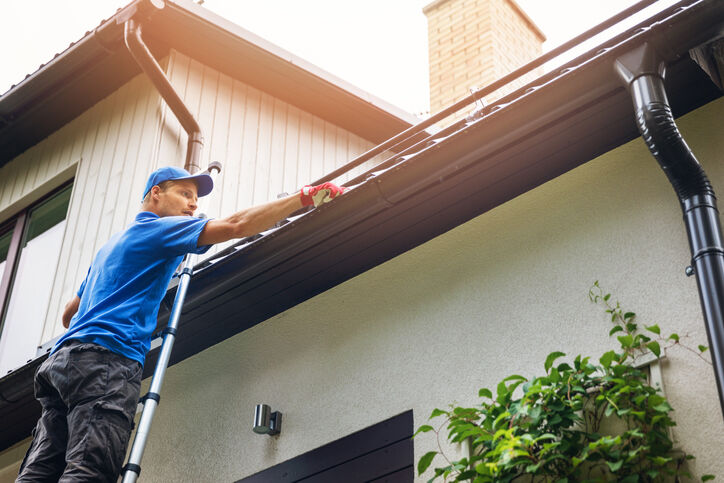 Cleaning gutter that is filled with leaves and other debris.