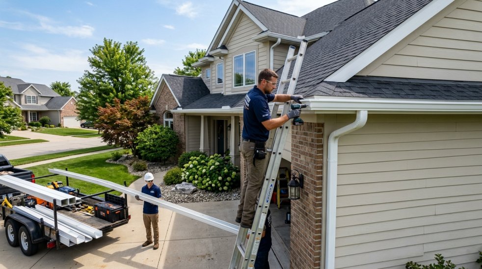 Contractor installing gutters on a two-story house roof while coworker unloads materials from a trailer driveway