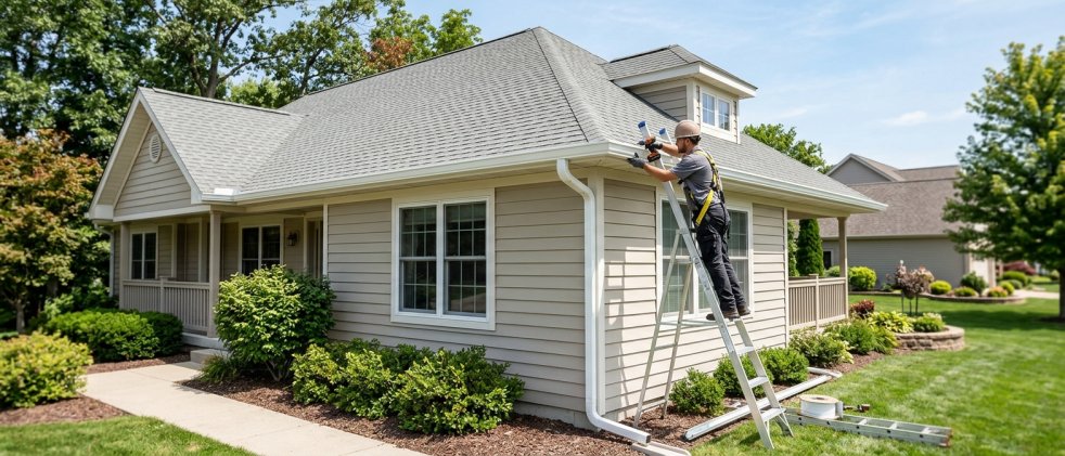 Contractor on ladder replacing rain gutter on residential house roofline in a suburban yard